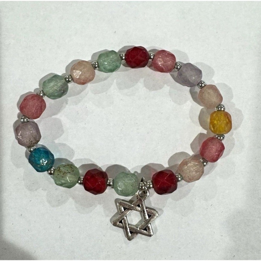 Judaism Lot of 2 Beaded Stretch Bracelets w/ Star of David Charms, Multi/Yellow
